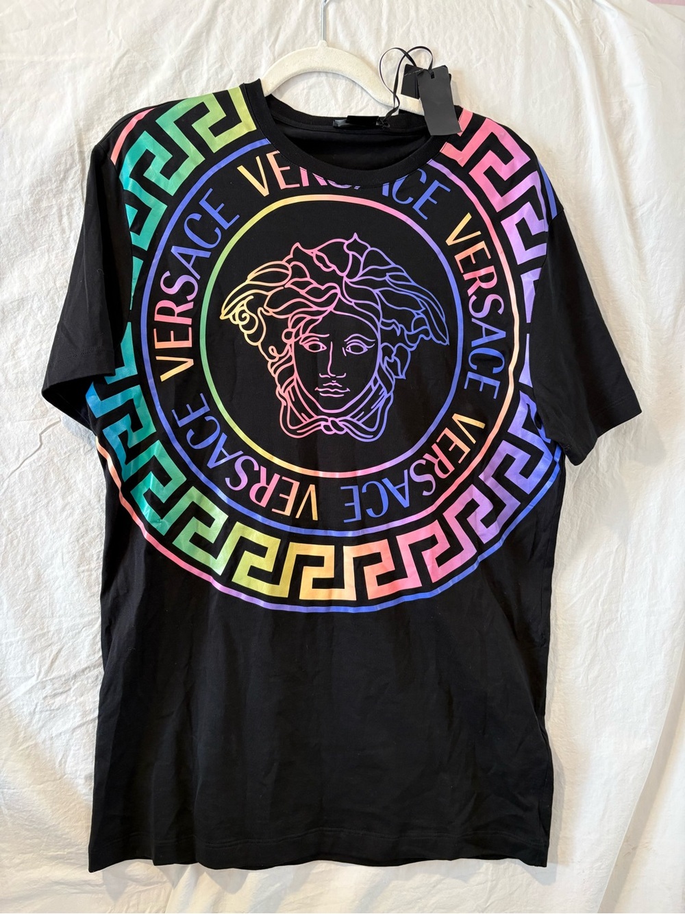 Versace Black Tee with Rainbow Medusa Motif